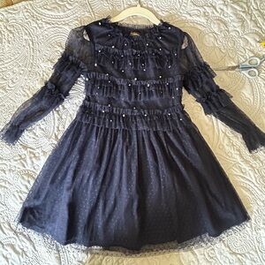 Velveteen Luna dress in black current. Size 5. Smocked frilled dress/sequins.